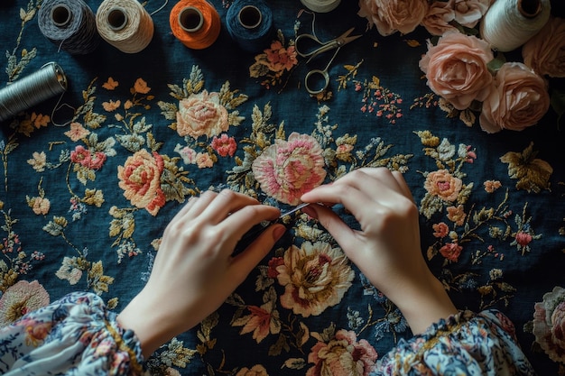 Kobieta haftująca kwiatowy wzór